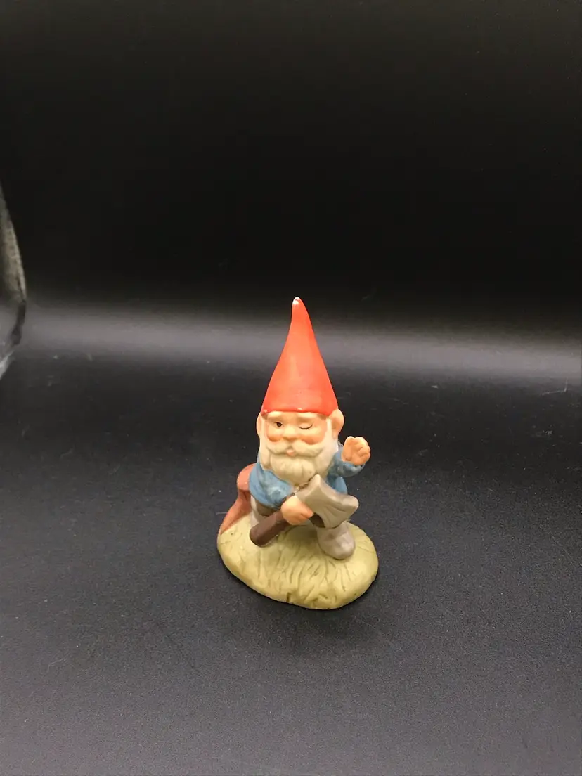 vintage 1979 Enesco porcelain Forest Gnome figurine winking holding axe 3 1/2"