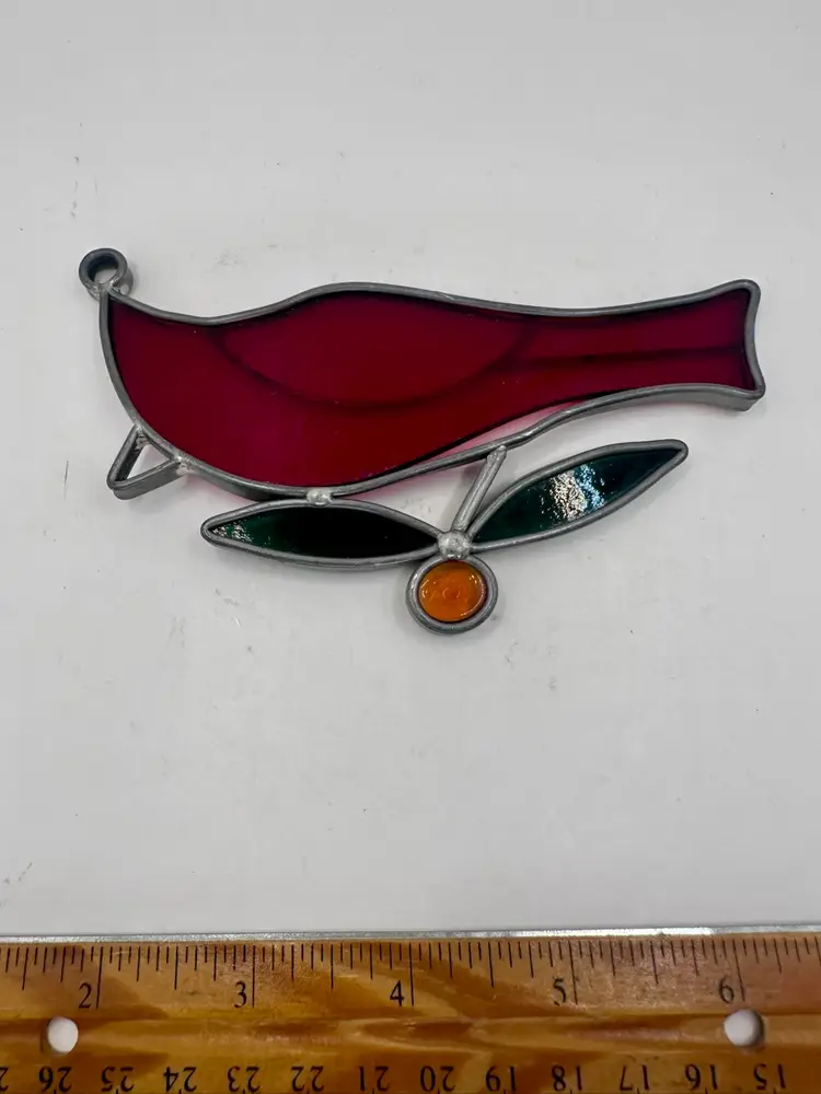 Leaded Glass Suncatcher Red Cardinal Winter Christmas 5”