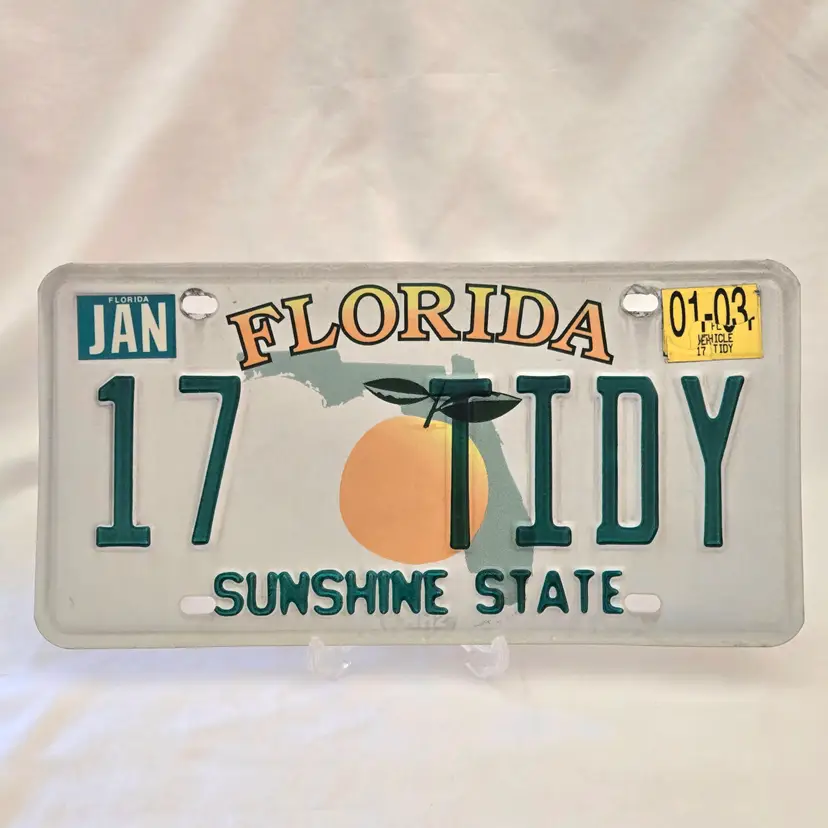 Florida License Personal Single Plate 01/03 Sticker Sunshine State Tag 17 TIDY Vintage