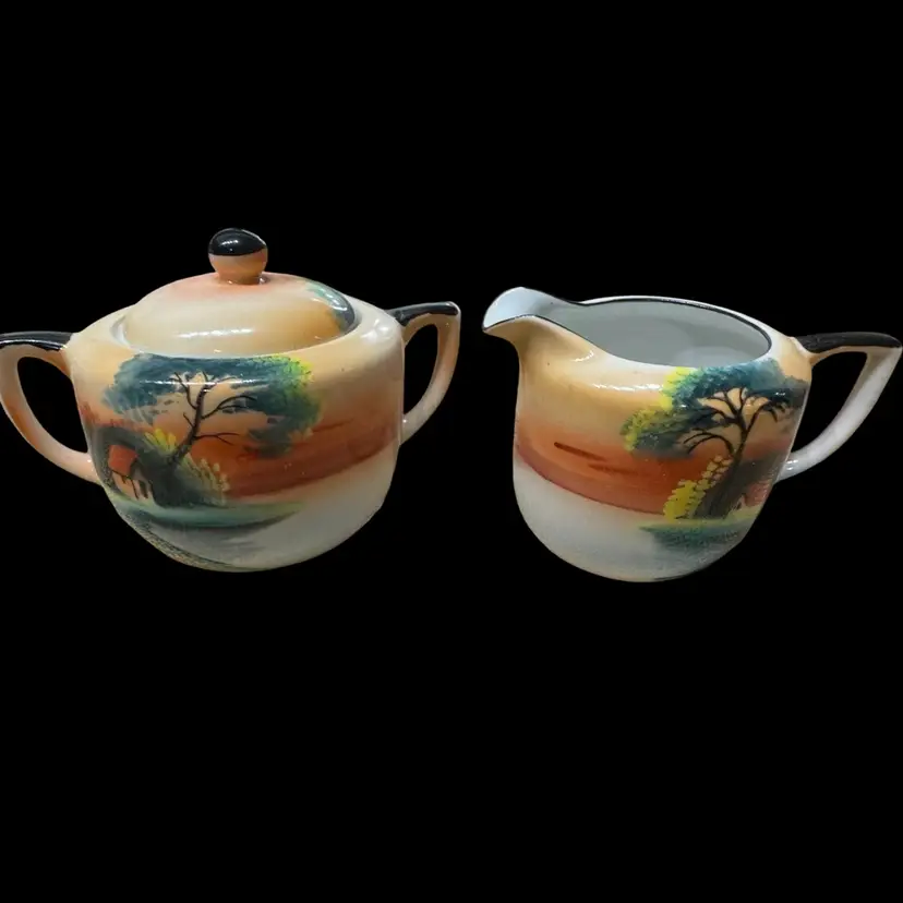 Vintage Hand Painted Noritake Creamer And Covered Sugar Dishes Lusterware