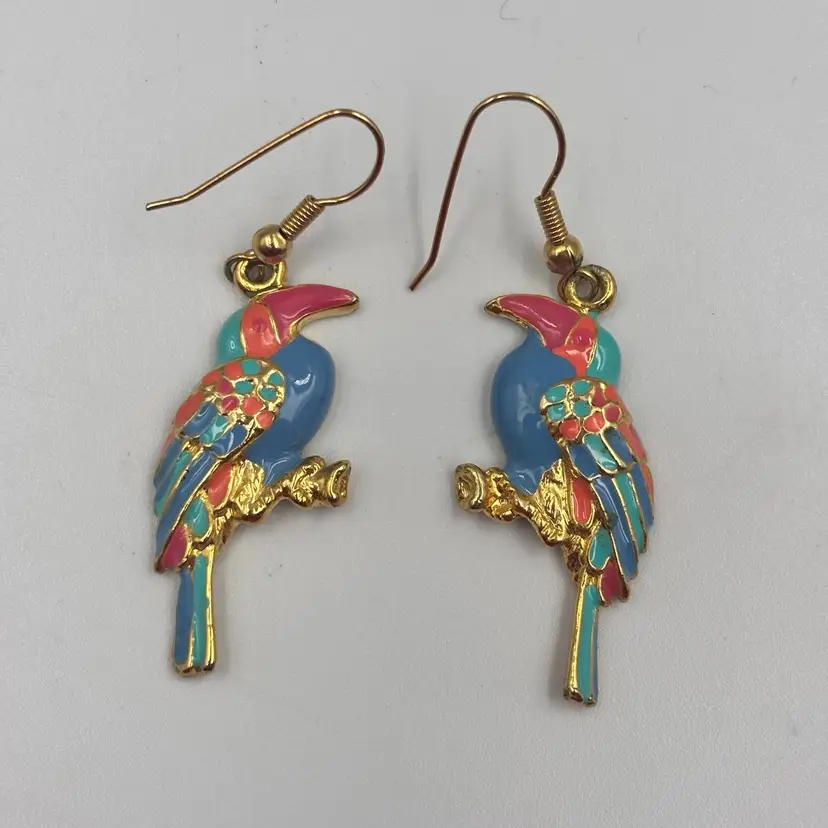 Metal Gold Tone Enamel Toucan Bird Drop Earrings 2”