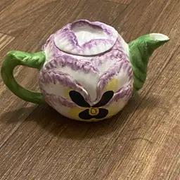 Vtg Decorative Ceramic Teapot With Lid 4”H X 6.5”W Butterfly Floral Purple Green