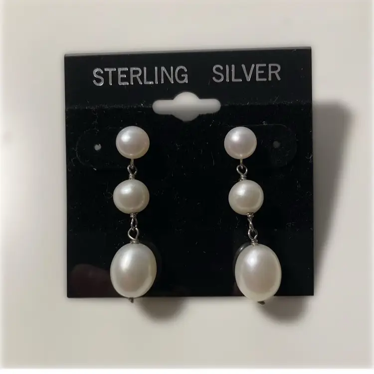 Vintage Sterling Silver Triple Pearl Drop Earrings