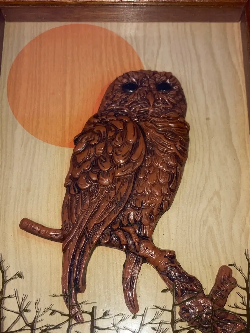 Vintage Wallace Berrie & Co. 3D Owl Shadow Box Wall Art! 1970s! Carved Wooden Owl,  Glass Front and Brass Corner Brackets! 7” x 5”!