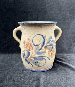 Studio Stoneware Pottery Double Handled Jar 5.5” Blue Yellow Pink Flowers Vase