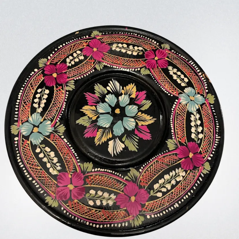 Vintage Ukrainian Folk Art Wooden Plate - 9” - Hand Painted - Wow! The Colors On This!