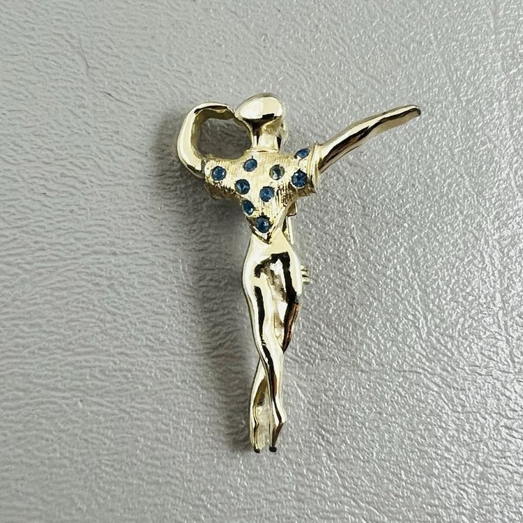 Vintage Male Ballerina Ballet Dancer Figural Brooch Blue Rhinestones Gold Tone 1.5"