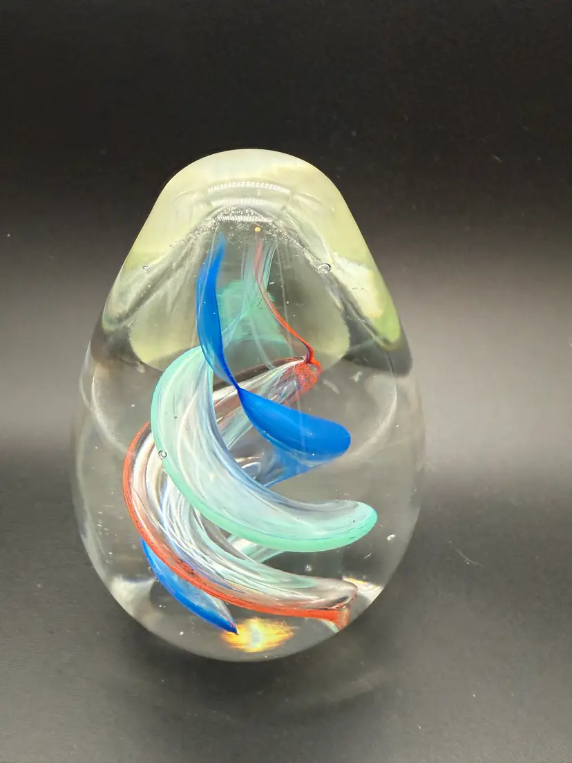 Egg Shaped Multicolor Swirls Red, Blue, Teal Paperweight