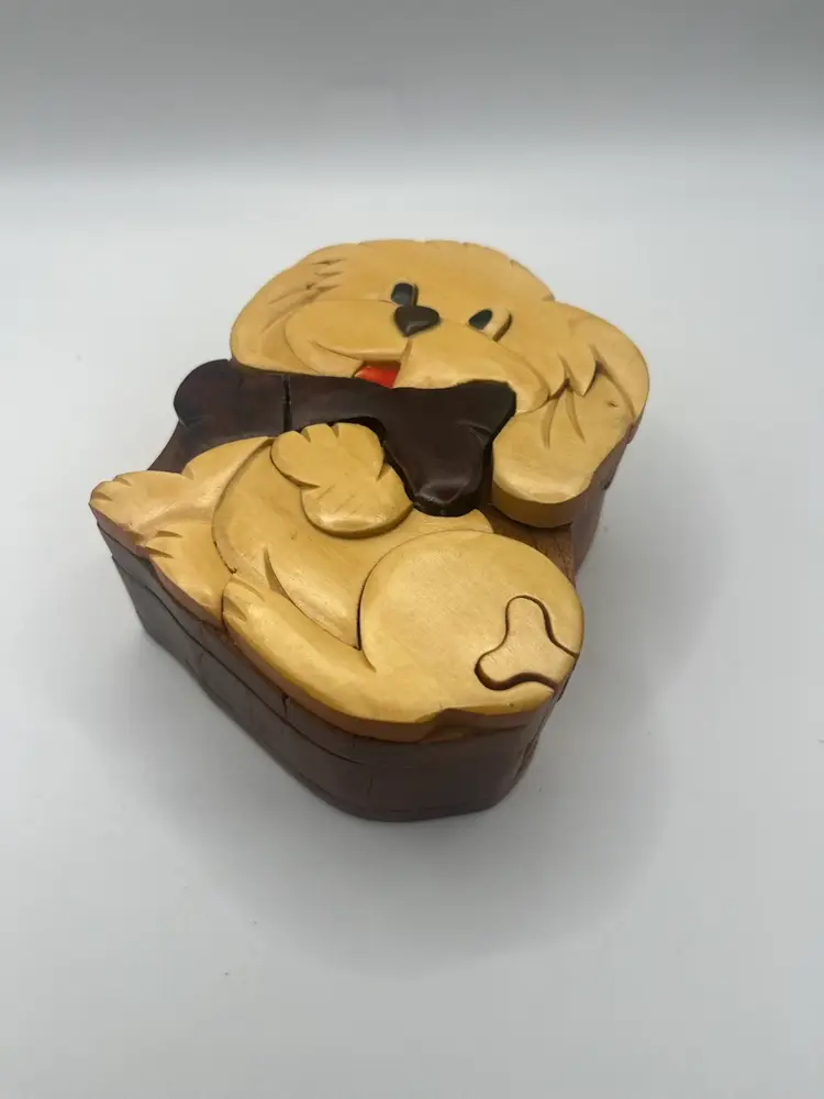 Hand Carved Wooden Puzzle Box Dog Puppy