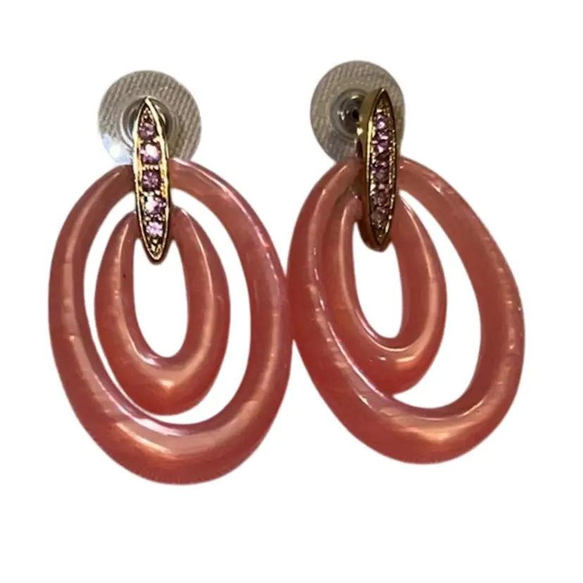 Pink Acrylic And Rhinestone Goldtone Earrings Pierced Ears 1.5”