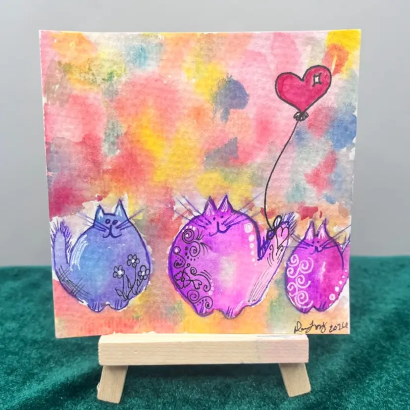 Art By Me- 4”x4”Original Ink & Watercolor “Three Fat Cats” Painting