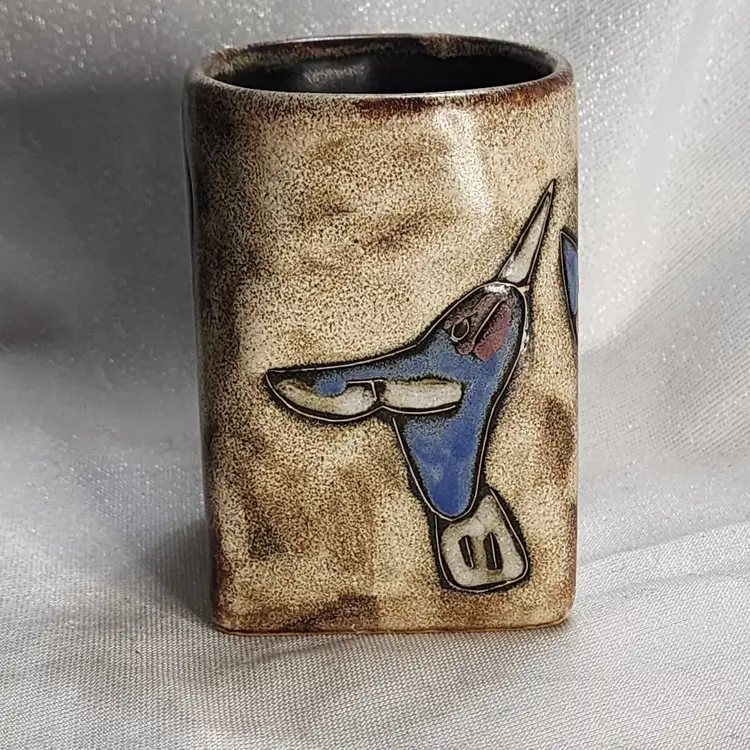 Mara Pottery Coffee Mug Hummingbird Mexico Handmade 13.5 oz Tan Brown Blue Rose