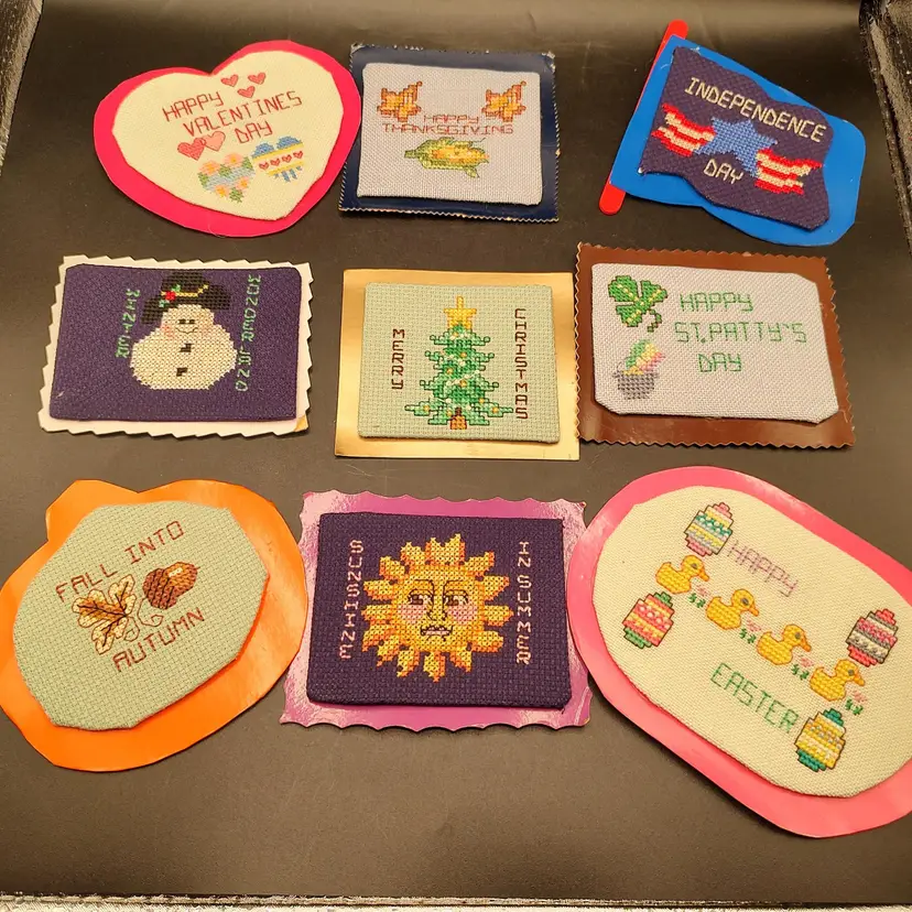 9 Vtg Cross-stitch Holiday Refrigerator Magnets