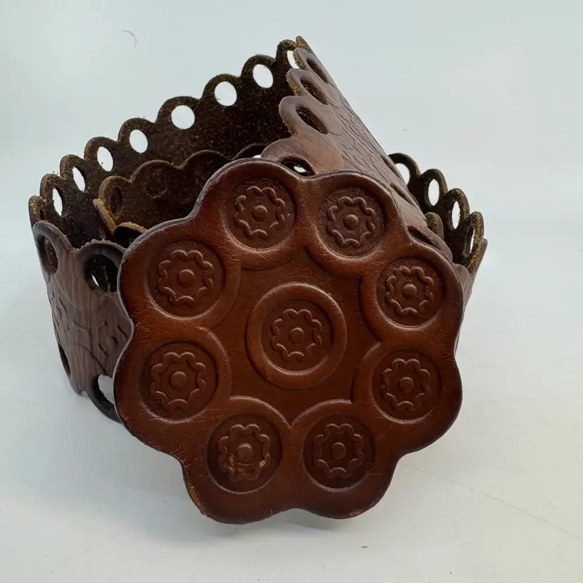 Vintage Genuine Tooled Leather Brown Bohemian Disc Belt Floral Western Hippie L