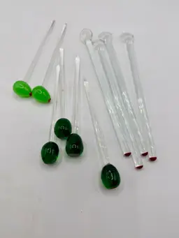 Set of 10 GLASS Cocktail Picks Swizzle Sticks Olives & Assorted Styles, Vintage
