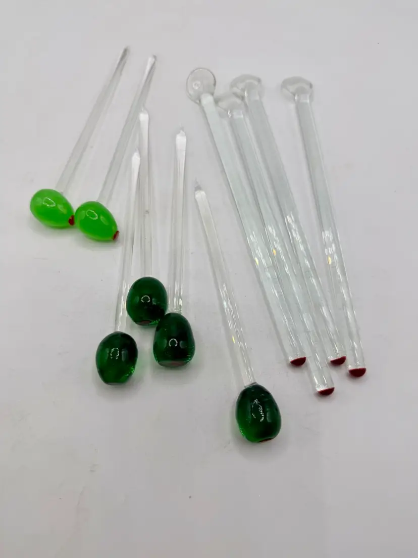 Set of 10 GLASS Cocktail Picks Swizzle Sticks Olives & Assorted Styles, Vintage