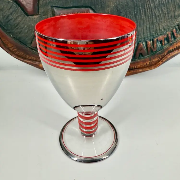 ART DECO Platinum Plated GLASS GOBLET Czech VTG Barware ENAMELED Red Details