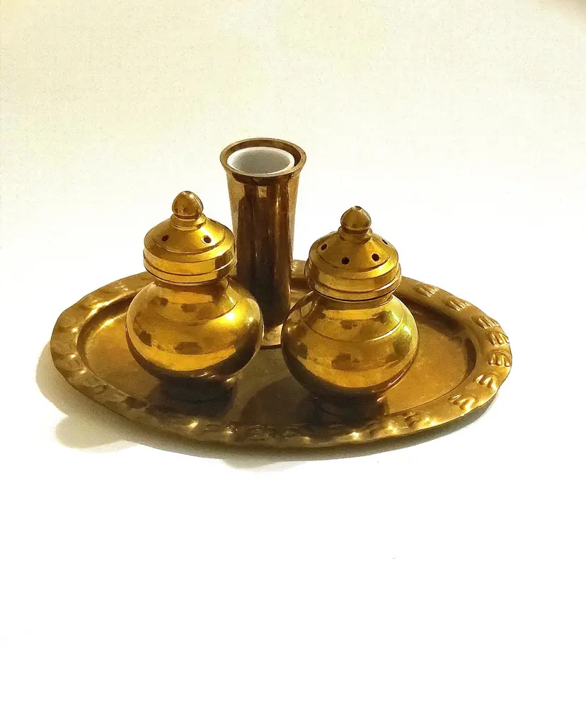 Brass Salt, Pepper, Toothpick Holder, And 5" Tray