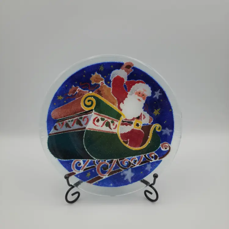 Peggy Karr Signed Fused Art Glass Plate Christmas Santa In Sleigh Round Plate