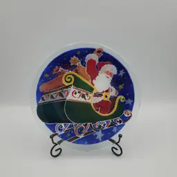 Peggy Karr Signed Fused Art Glass Plate Christmas Santa In Sleigh Round Plate