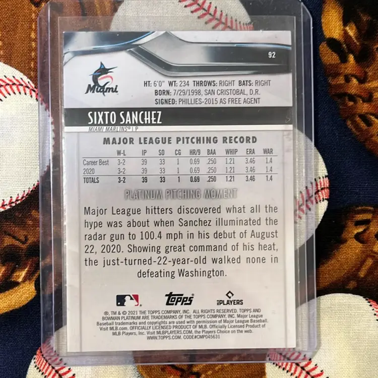 2021 Bowman Platinum Sixto Sanchez 92 RC Green /99