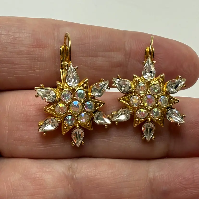 Kirks Folly Star Snowflake AB Aurora Borealis Rhinestone Crystal Earrings Gold