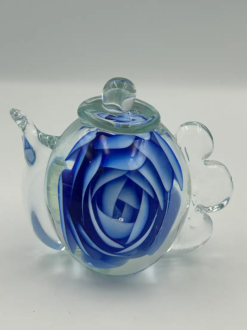 Clear Glass Teapot With Blue Flower Inside Paperweight