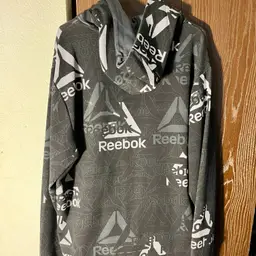REEBOK Mens Hoodie XL Gray All Over Logo Pullover Sweatshirt Athleisure Stretch