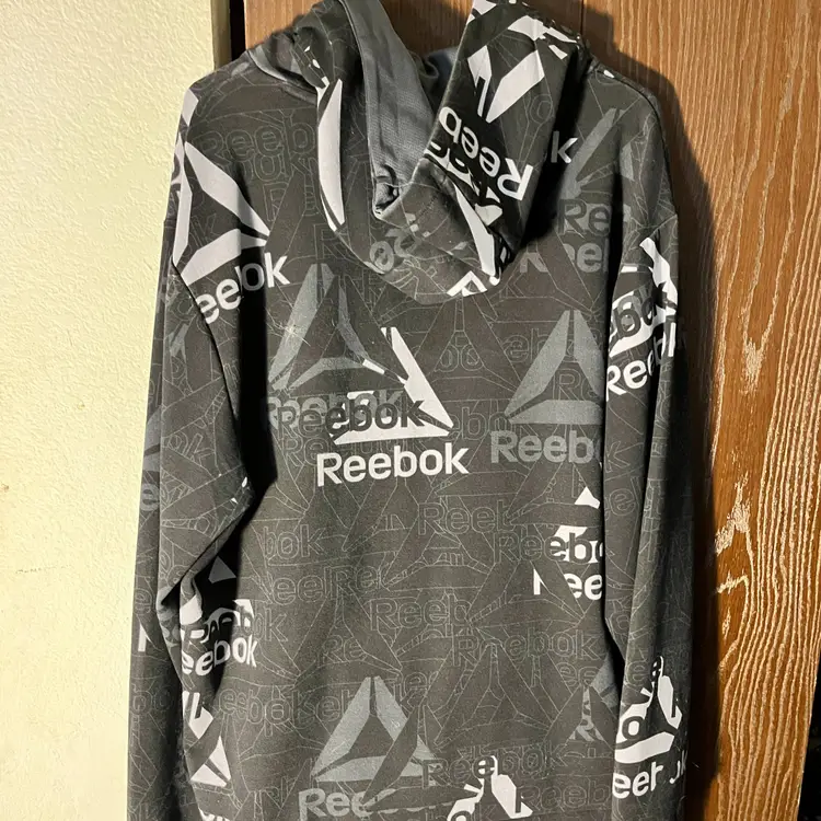 REEBOK Mens Hoodie XL Gray All Over Logo Pullover Sweatshirt Athleisure Stretch