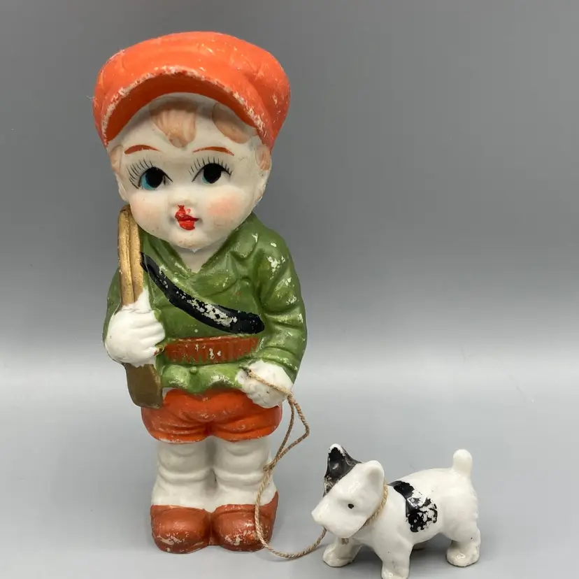 Vintage 1940's Boy with Dog on Leash Bisque Ceramic Figurine