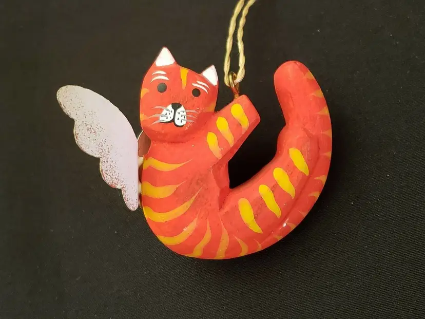 Angel Winged Cat Wood Ornament Figurine Handpainted - 2 1/2" approx. Unbranded