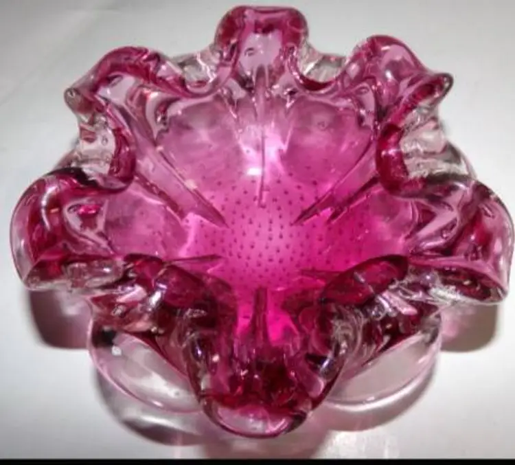 Vintage MCM Murano Cranberry & Clear Bullicante/Controlled Bubble Crimped Bowl