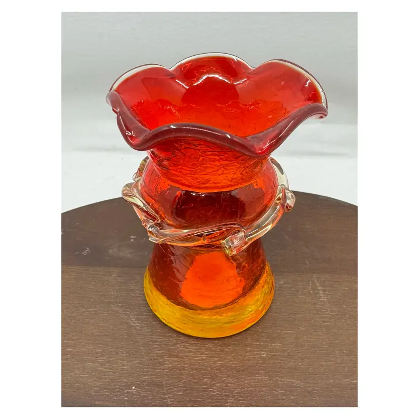 Vintage art glass vase with ruffled rim and applied clear glass band, Manganese Glow