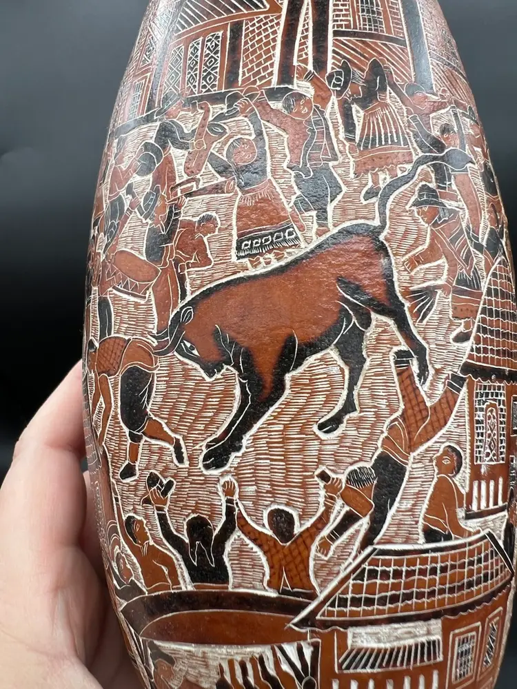 Peruvian Hand Carved Detailed Gourd 13.5” Long