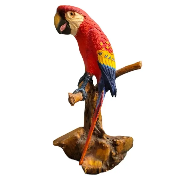 Vintage Resin Colorful Parrot Bird Figurine On Tree Stump 6" Tall