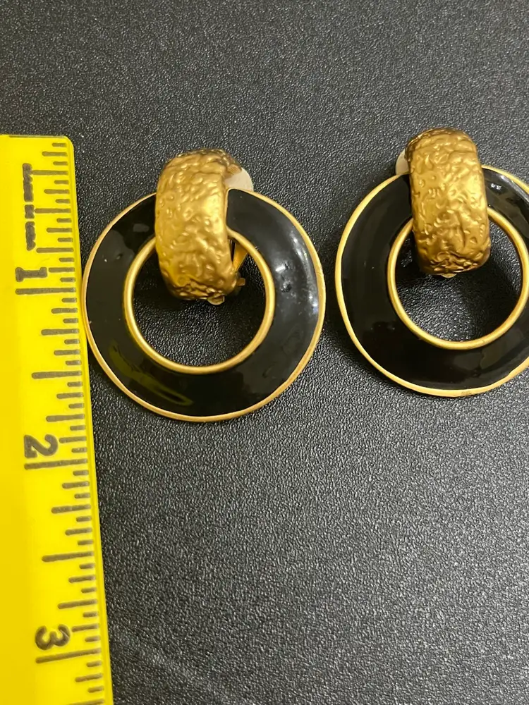 Vintage Ann Klein Heavy Goldtone Black Enamel Door Knocker Clip-on Earrings