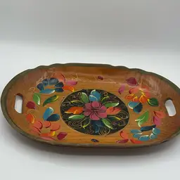 07-Hand Painted Double Handle Wooden Tray Floral 17.5”x11”