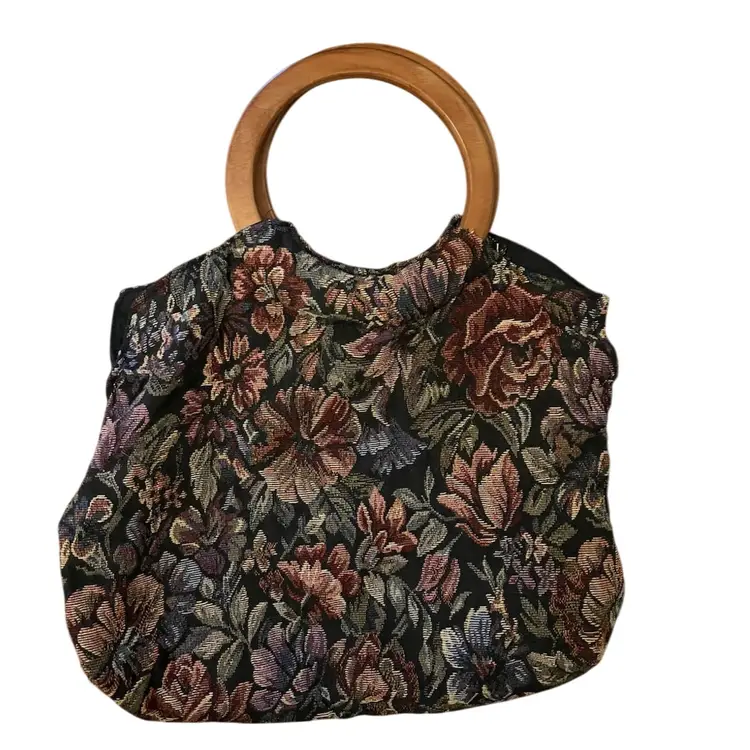 Vintage Tapestry Purse With Wooden Handles