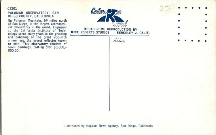 Postcard Palmar Observatory San Diego County California Science Postcard