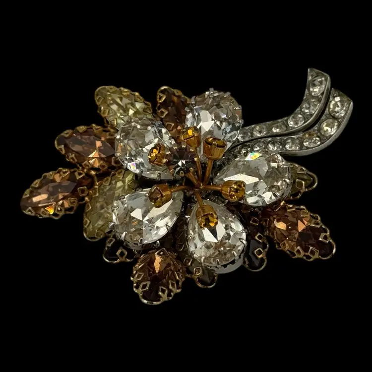 Austrian Crystal Flower Brooch 2.25”