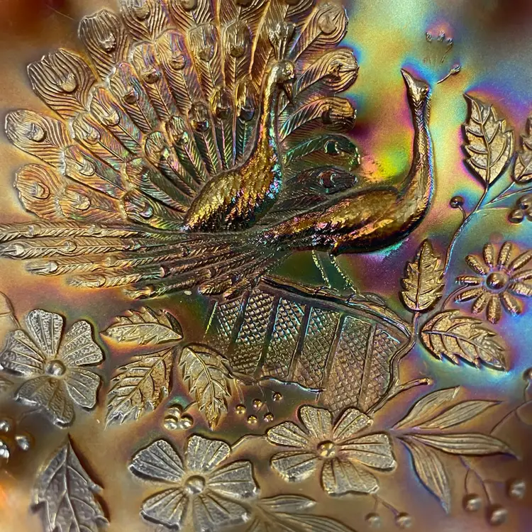 Vintage Northwood Carnival Glass Amethyst Peacocks On The Fence 9" Ruffled Bowl