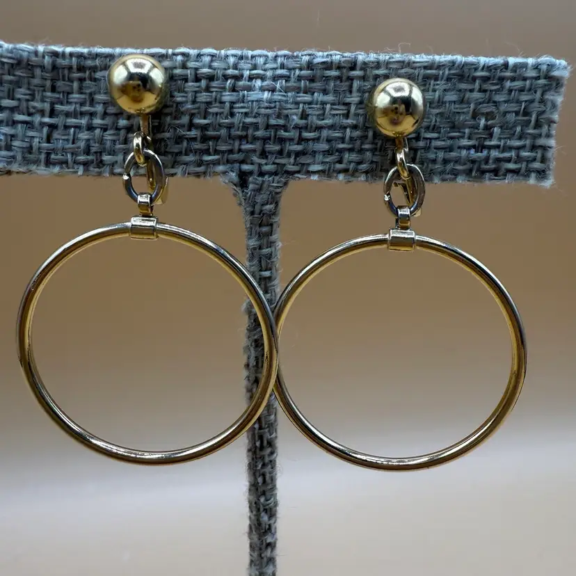 Napier Goldtone Clip On Dangle Hoop Earrings 1.75”