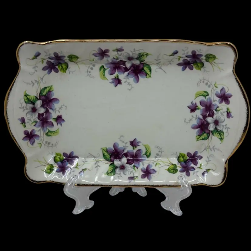 Vintage Staffordshire English porcelain tray with violet floral pattern and gold trim, Circa 1960s