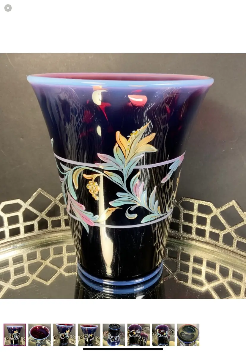 Fenton Vase Plum Opalescent Signed Numbered Hand Painted Floral Purple