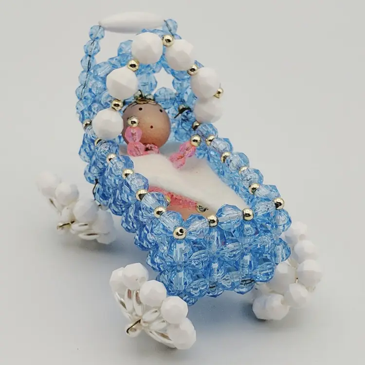 Dollhouse Miniature Cradle Handmade Beaded Blue With Pink Baby Doll Precious