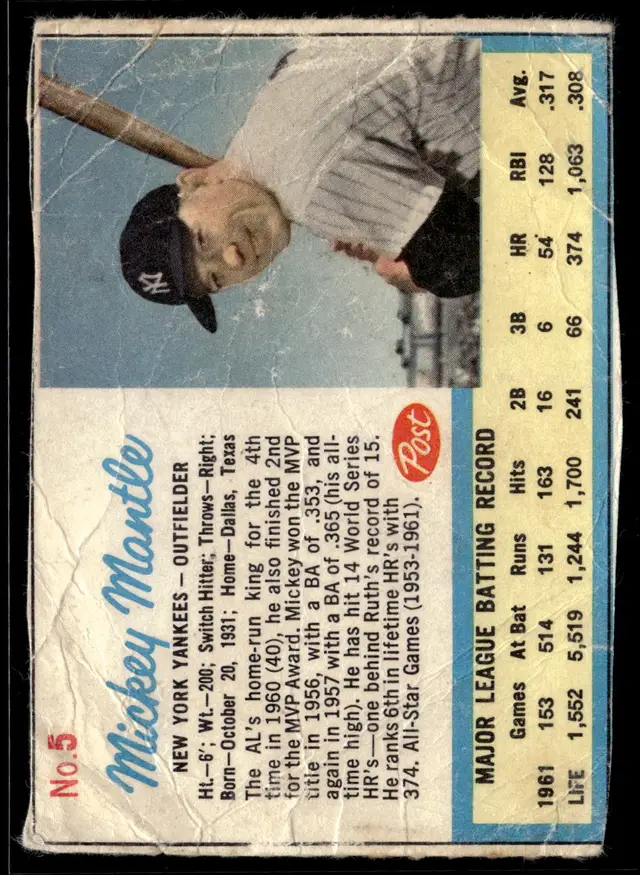 #101 Mickey Mantle 1962 Post Cereal #5b *LIVE AUCTION*