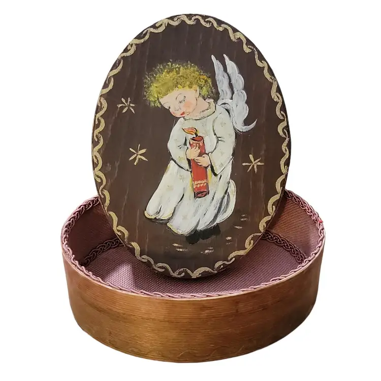 Vintage German Angel Bent Wood Trinket Box Inscribed Message Child Hand Painted Inspirational