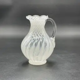 White Swirl Opalescent Glass Small Cruet Pitcher Ruffled Edge Vintage Kitchen