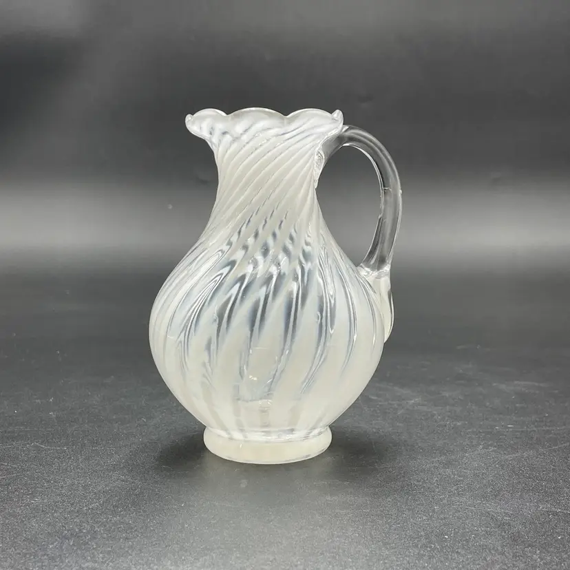 White Swirl Opalescent Glass Small Cruet Pitcher Ruffled Edge Vintage Kitchen