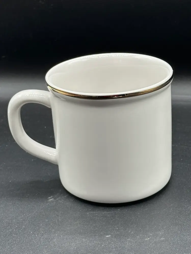 Pottery Barn Plaid Monogram "E" Stoneware Coffee Mug Cup Gold Trimmed 16 oz.
